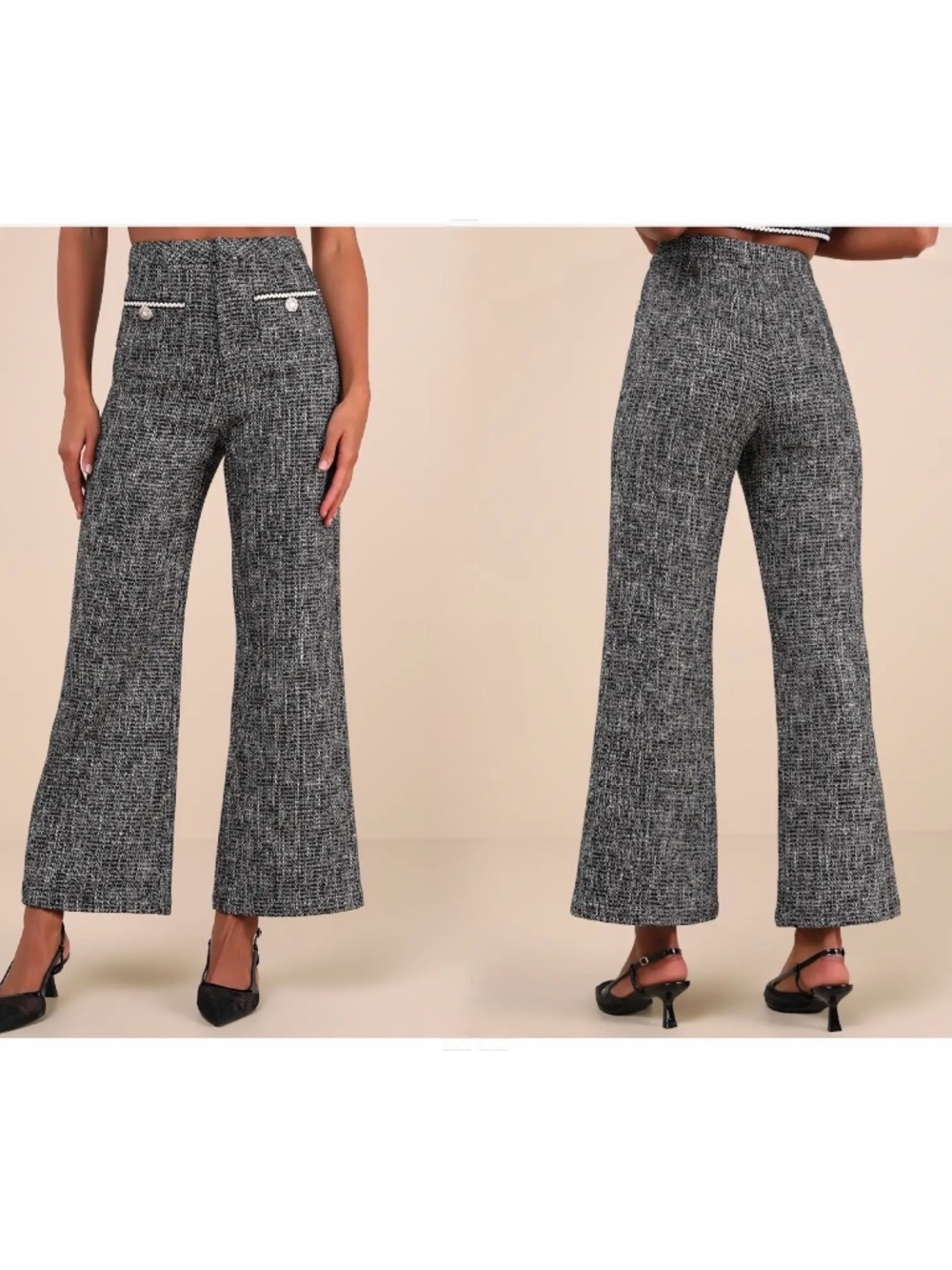 NWT Lulus Poised Decision Black Tweed Lurex High-Rise Wide-Leg Pants L